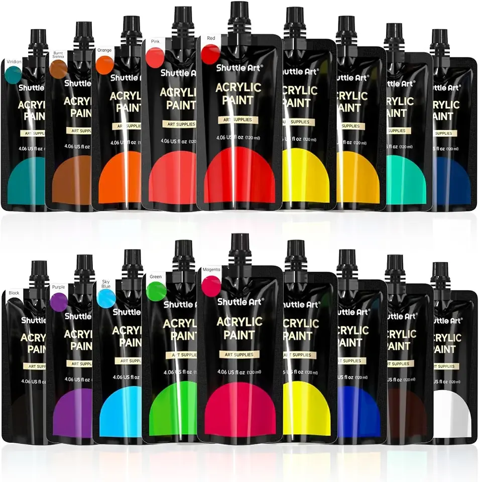 Shuttle Art Acrylic Paint, 18 Colors Acrylic Paint Pouches (120ml/4.06oz), Artist Grade Paint Set, Rich Pigments, Non-Toxic for Artists, Beginners and Kids on Rocks Crafts Canvas Wood Ceramic