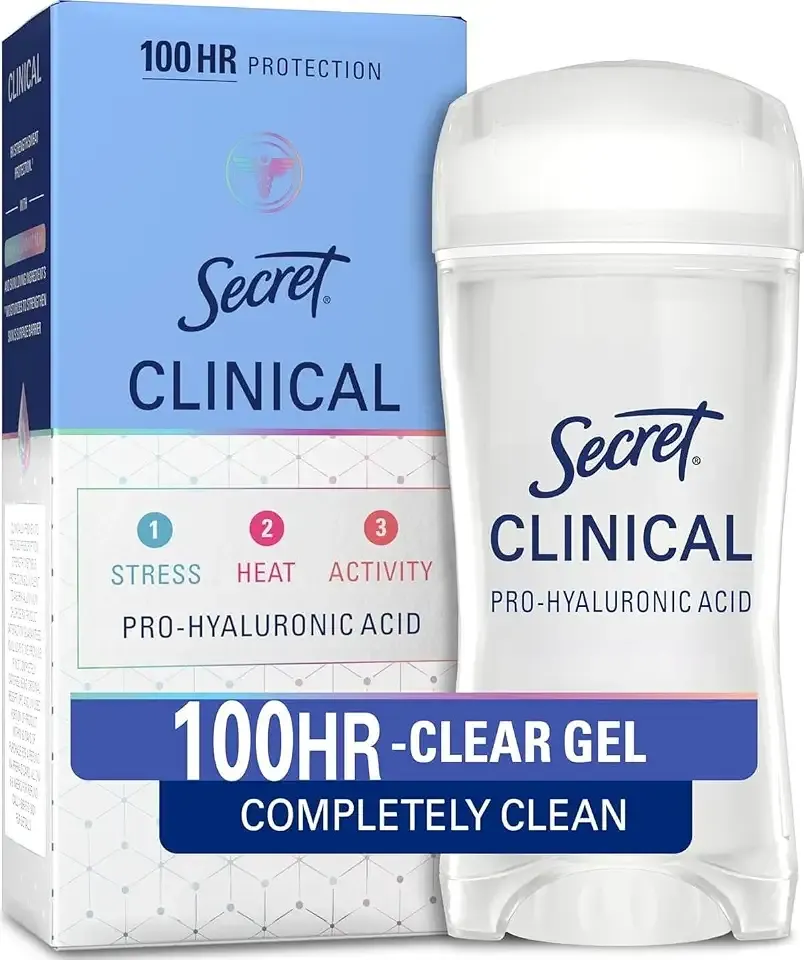 Secret Clinical Strength 100HR Sweat & Odor, Clear Gel Antiperspirant Deodorant for Women, 3X Stress Protection with Hyaluronic Acid, PH Balancing Minerals, Completely Clean Scent, 2.6 oz