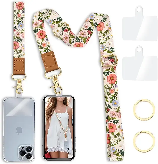 Flower Phone Lanyard Crossbody Strap, Floral Cell Phone Lanyards for around the Neck Wristlet Wrist Strap Adjustable for Keys Case Accessories Travel Essentials