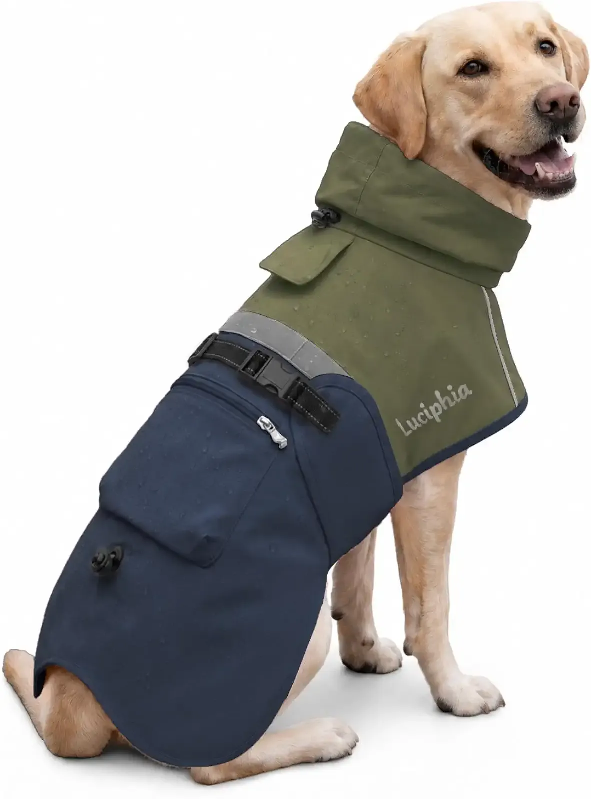 Luciphia Dog Raincoat, Adjustable Hooded Reflective Jacket with Pocket | Olive Navy XX-Large dog rain jacket with leash hole, buckle-on, non-stick fur. For daily walks.