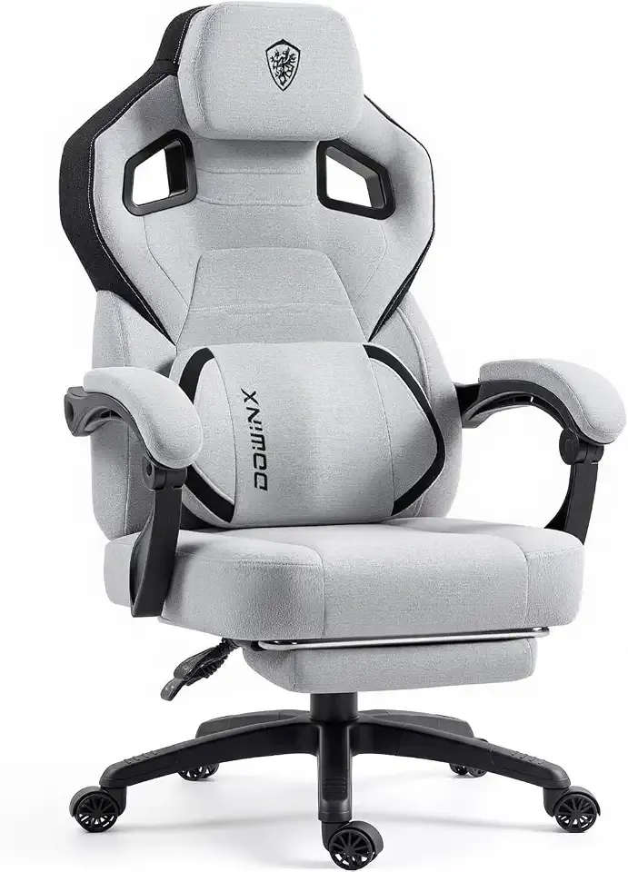 Dowinx Big and Tall Gaming Chair with Footrest, Gray | Breathable woven fabric with lumbar support and extra-wide seat back; big-and-tall frame fits larger, heavier users.