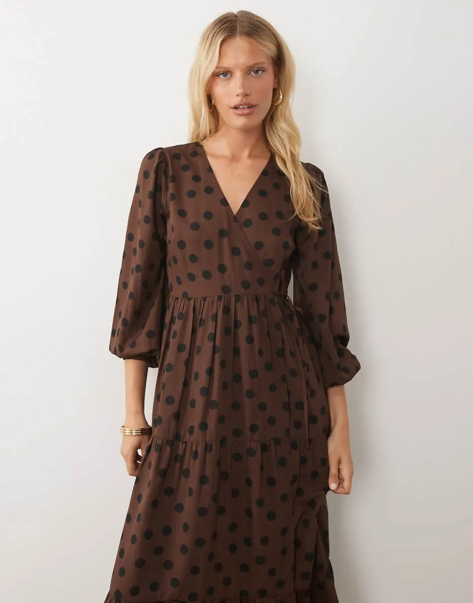 Wednesday's Girl long sleeve wrap midaxi dress in chocolate