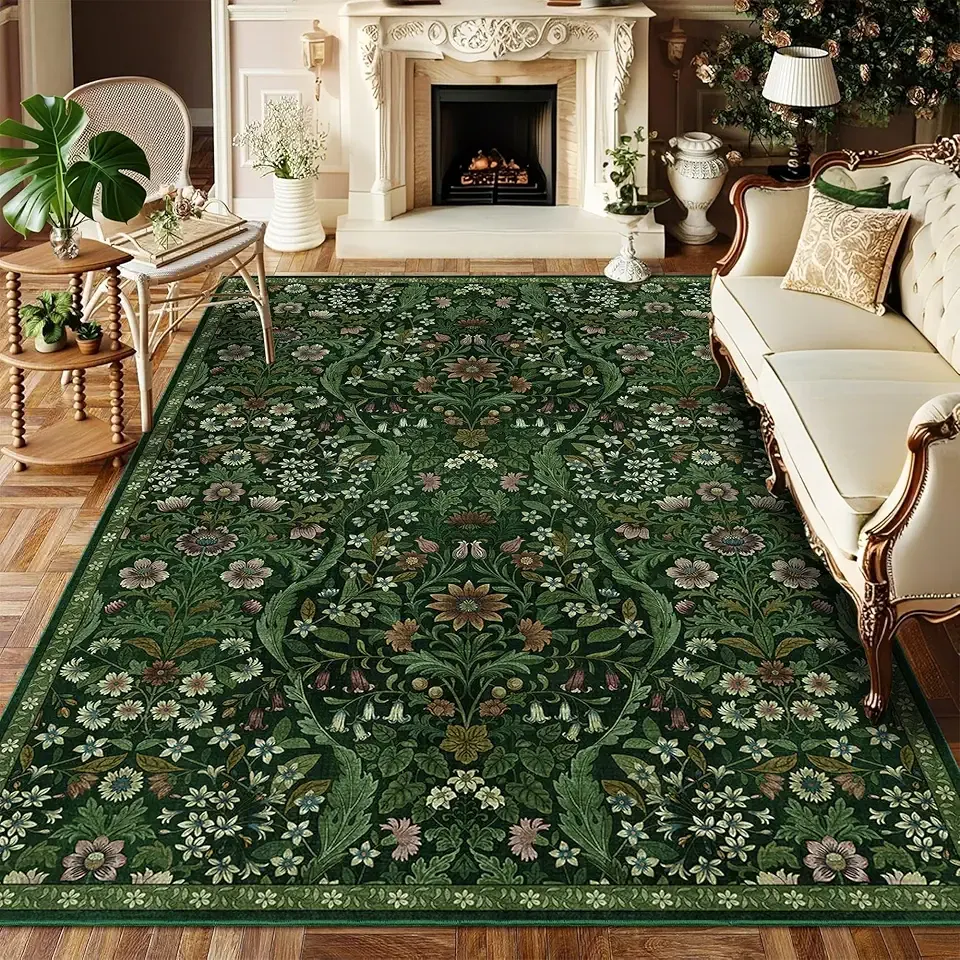 5×7 Dark Green Washable Floral Area Rug,Vintage Boho Soft Low-Pile Living Room Rugs, Stain Resistant Botanical Non-Slip Carpet for Bedroom,Dining Room, Kids Nursery,Home Decor