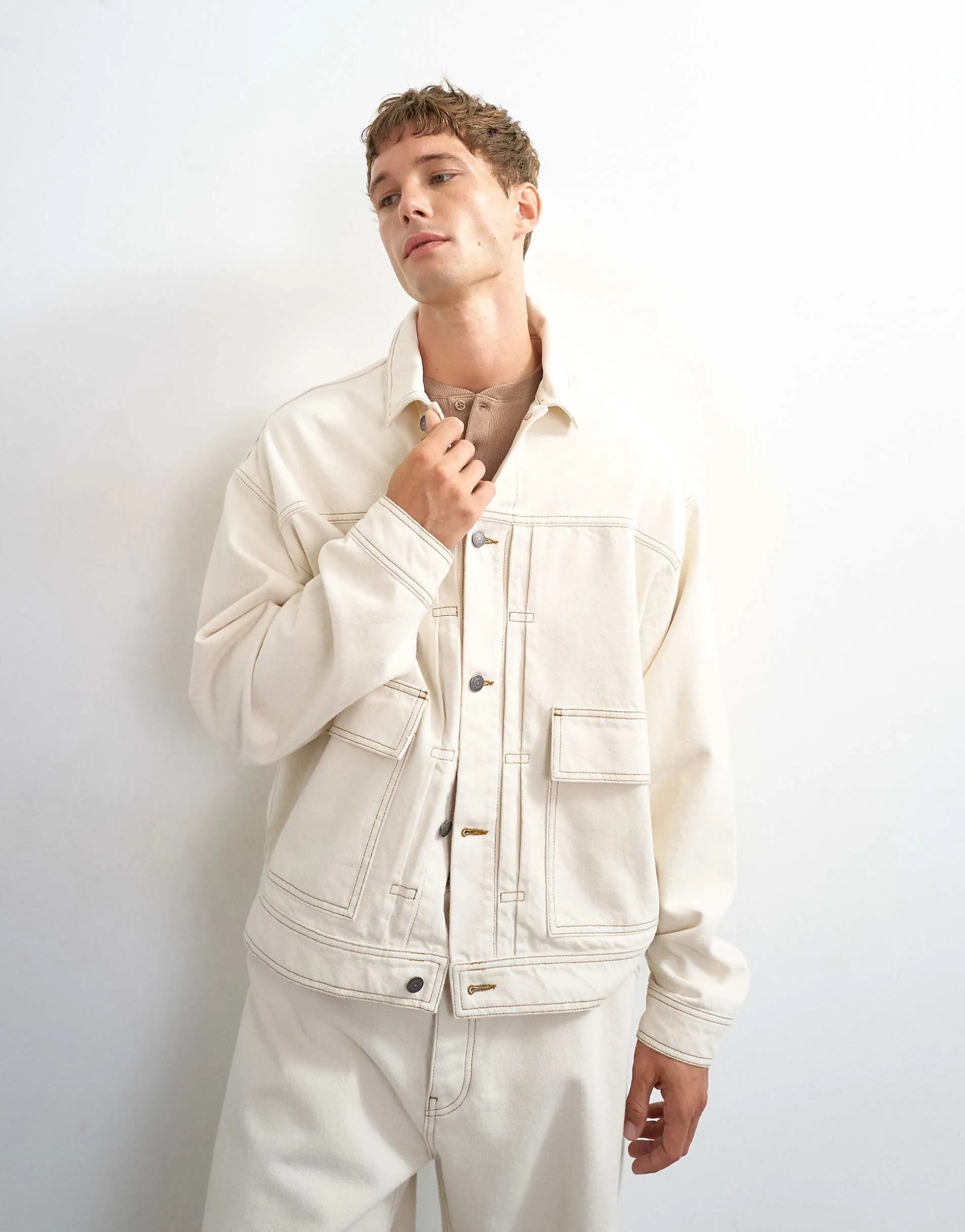 Topman oversized fit denim jacket in natural