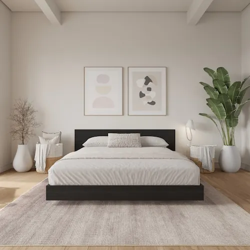 Satori King Size Low Profile Platform Bed with Headboard in Black