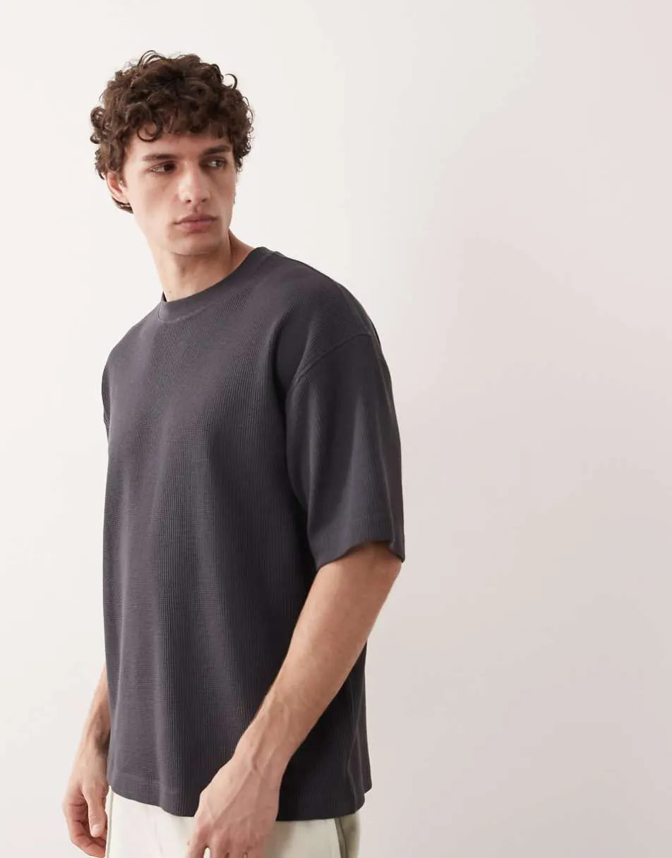 ASOS COLLECTIVE super heavyweight oversized waffle texture t-shirt in charcoal