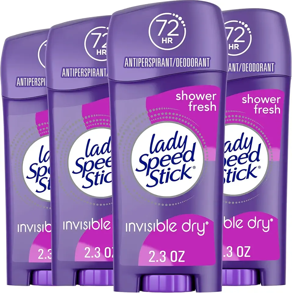 Lady Speed Stick Antiperspirant Deodorant for Women, 72 HR Sweat & Odor Protection, Invisible Dry, Shower Fresh Scent, 2.3 oz Stick (4 Pack)