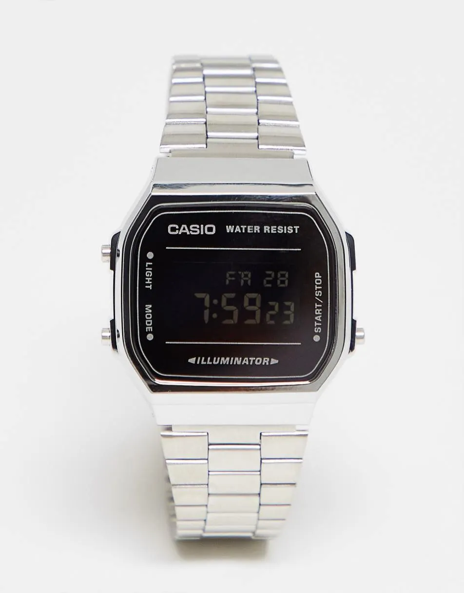 Casio A168W digital bracelet watch in silver/black mirror