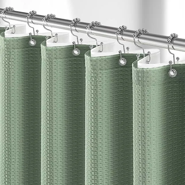 Dynamene 3 in 1 Waffle Shower Curtain Set with PEVA Liner 72x72 Sage Green | 256GSM Heavy Duty Fabric, Waterproof Clear Liner, Hotel Luxury Weighted Cloth Shower Curtains for Bathroom, 12 Plastic Hooks