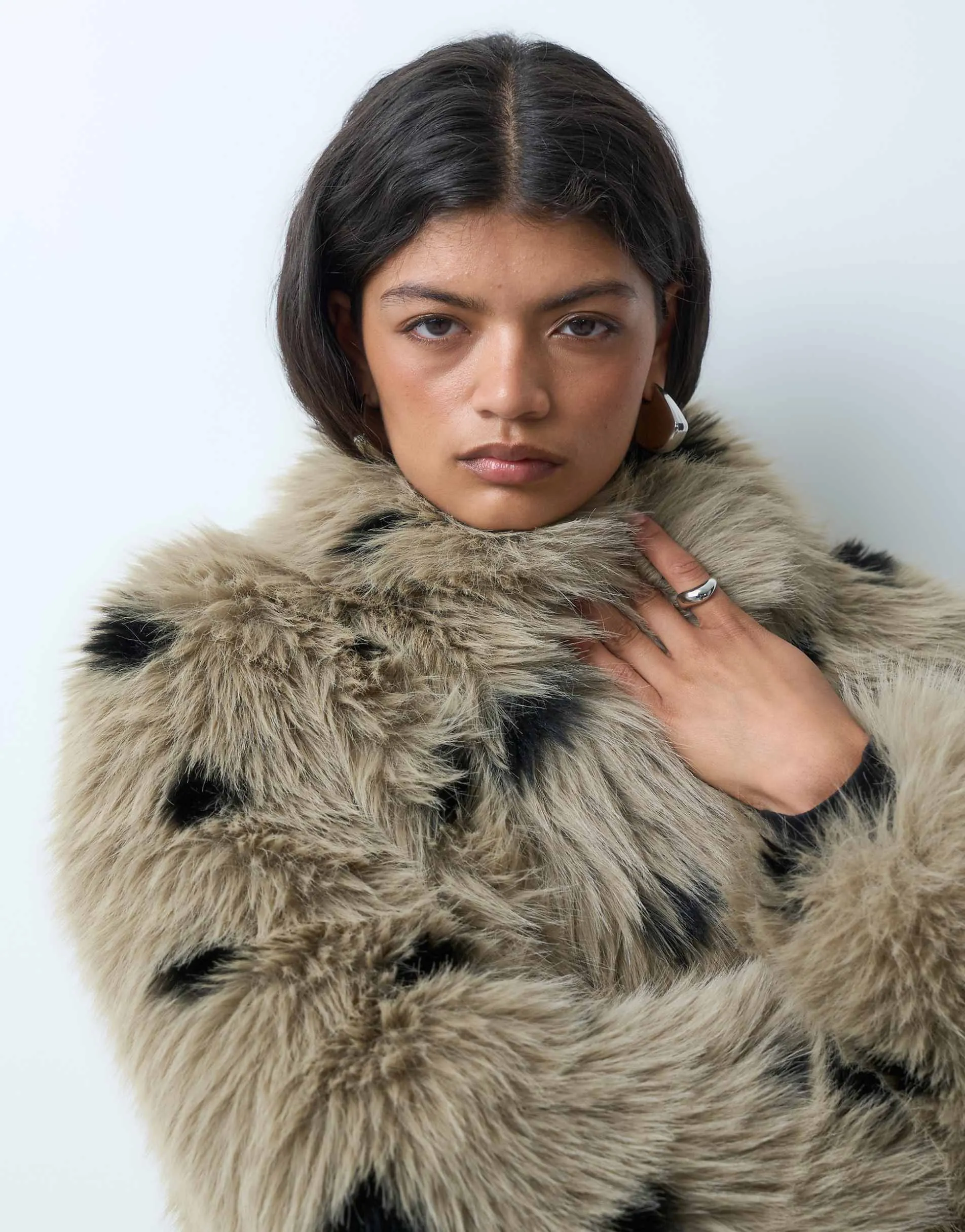Vero Moda Premium faux fur short jacket in neutral polka dot