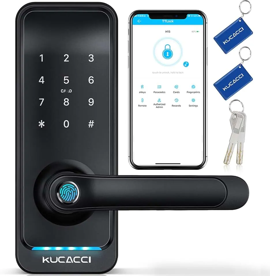 Smart Door Lock with Handle: Kucacci Keyless Entry Digital Door Lock for Front Door - Fingerprint Keypad Smart Dnob - Generate Passcode Remotely - App Control - Easy Installation(Black)