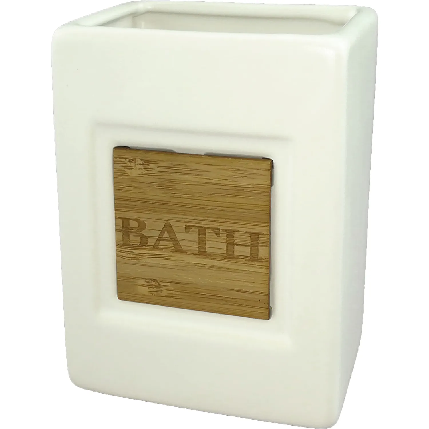 Bicchiere porta spazzolini bianco con bamboo da bagno