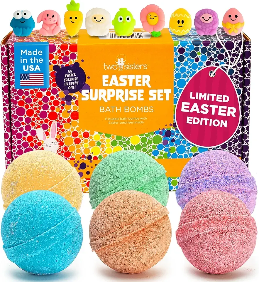 Easter Bath Bombs for Kids with Surprise Toys Inside (6 Pack) - Kids Easter Basket Stuffers for Boys and Girls - Large Spring Bubble Bomb, Incredible Fragrances & Colors, USA Made by Two Sisters