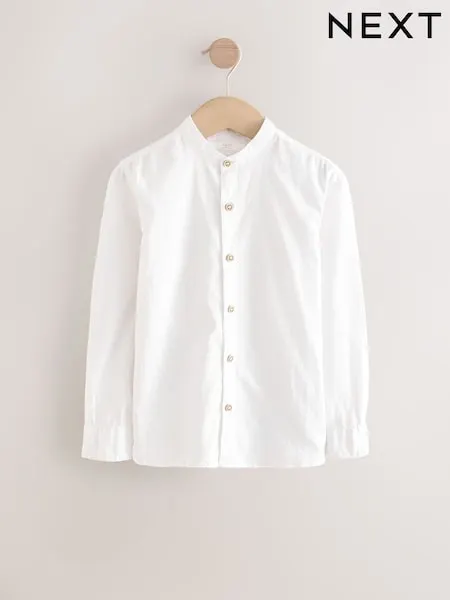 Neutral Grandad Collar Linen Mix Long Sleeve Shirt (3-16yrs)