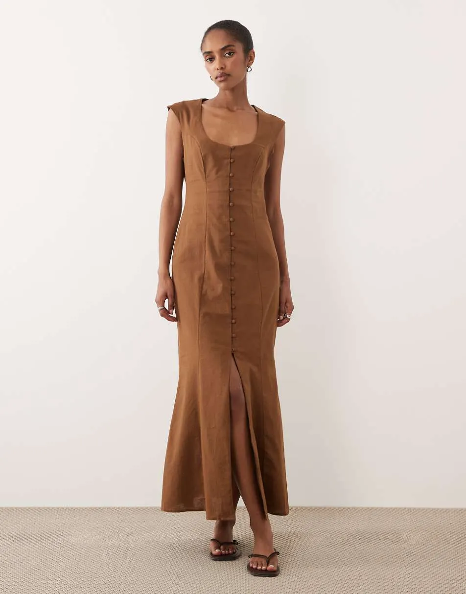 ASOS DESIGN square neck button down midi sundress in warm chocolate - BROWN