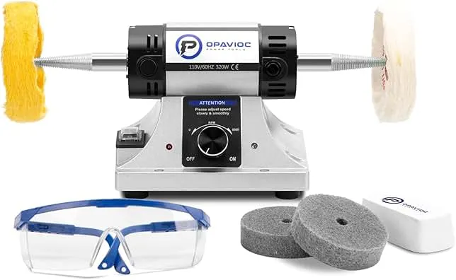 OPAVIOC Jewelry Polisher - Adjustable Variable Speed Bench Grinder Polishing & Buffing Machine, Dental Buffer & Lathe - Includes 2 Cloth Wheels, 2 Abrasive Fiber Wheels, Safefy Glass, Polish Compound