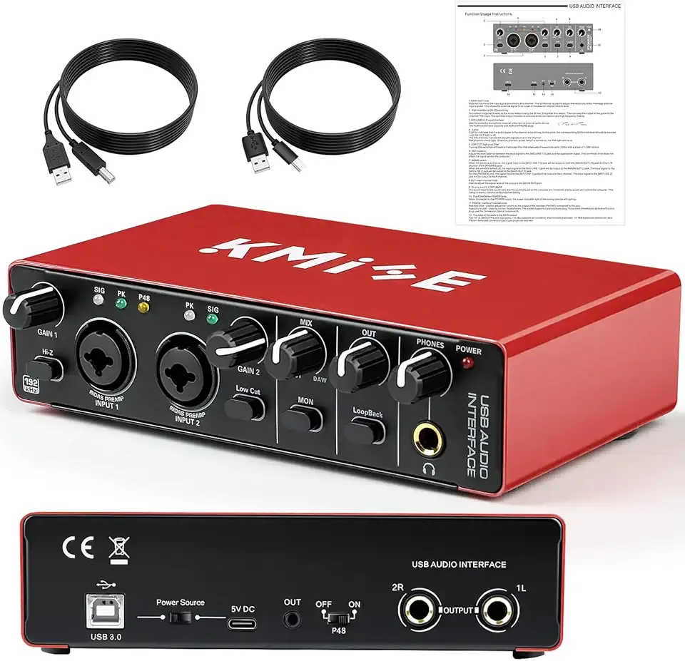 Kmise USB Audio Interface, Computer Recording Audio Interfaces with 48V Phantom Power for Recording, Studio Quality Sound, Compatible with Guitarists, Vocalists, Podcasters (USB 3.0 Type-A)