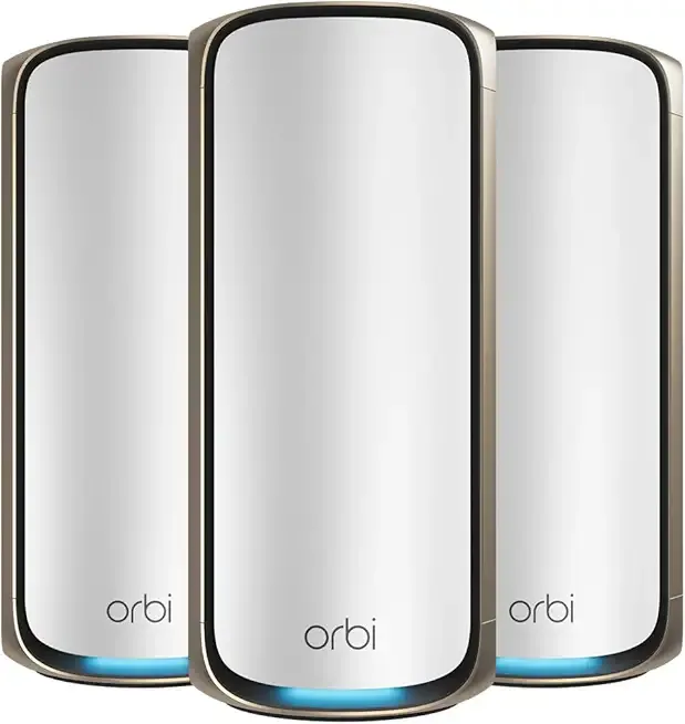 Orbi 970 Series Quad-Band WiFi 7 Mesh Network System (RBE973S), Router + 2 Satellite Extenders, Security Features, Up to 27Gbps, Covers Up to 10,000 sq. ft., 200 Devices, 10 Gig Internet Port