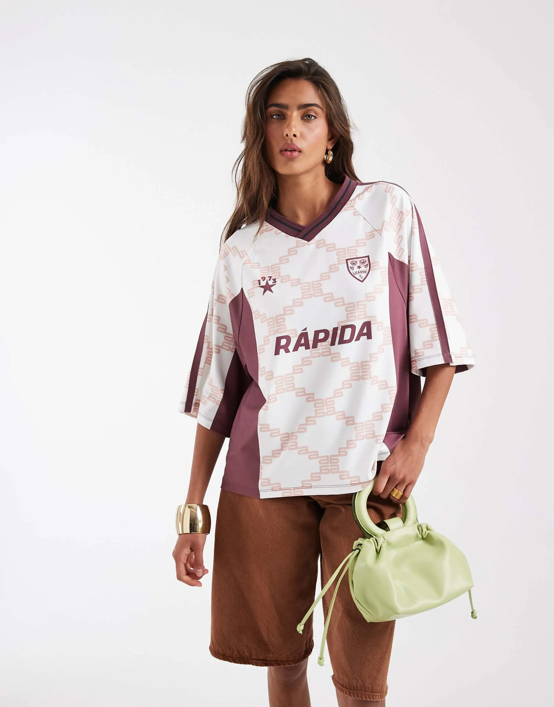 ASOS DESIGN oversized v neck football t-shirt with geometric print in peach