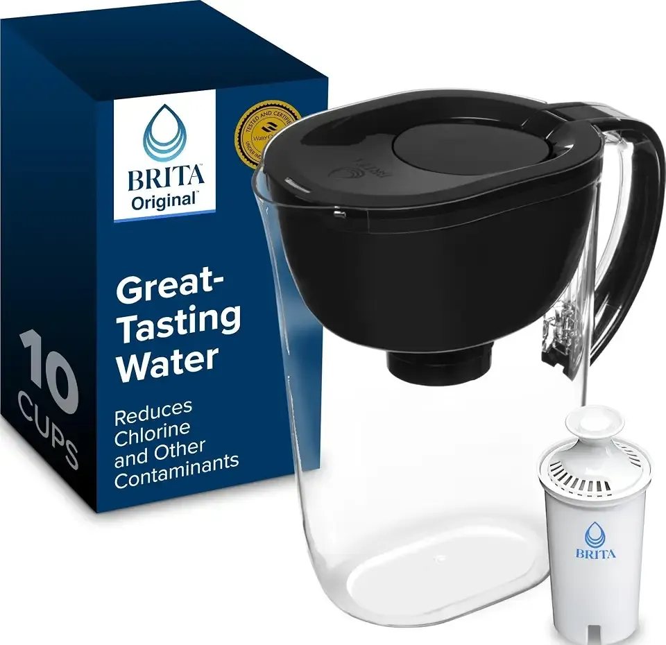 Brita Large 10-Cup Water Filter Pitcher, WQA NSF/ANSI Certified, Removes Chlorine Taste & Odor, Reduces Zinc, Copper & Mercury, 1 Standard Filter, Lasts 2 Months, Black