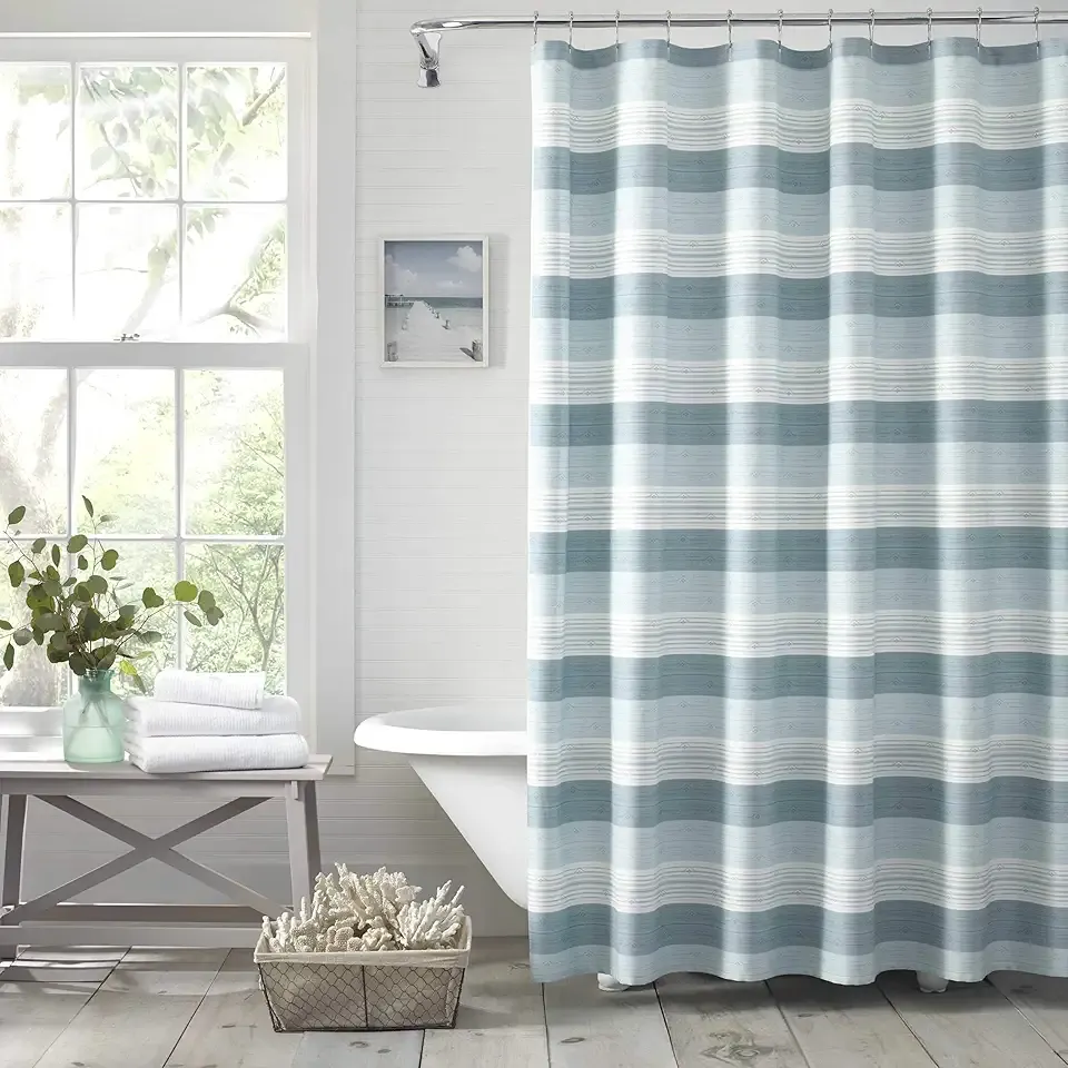 Tommy Bahama - Fabric Shower Curtain, Stylish Striped Bathroom Decor, Hook Holes Top (Hula Beach Blue, 72" x 72")