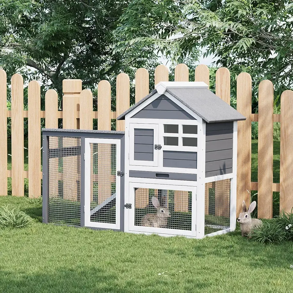 Garvee Small Rabbit Coop, Rabbit Hutch with Waterproof Roof, Bunny Cage with Pull Out Tray and a Wooden Ramp, Indoor Outdoor Use