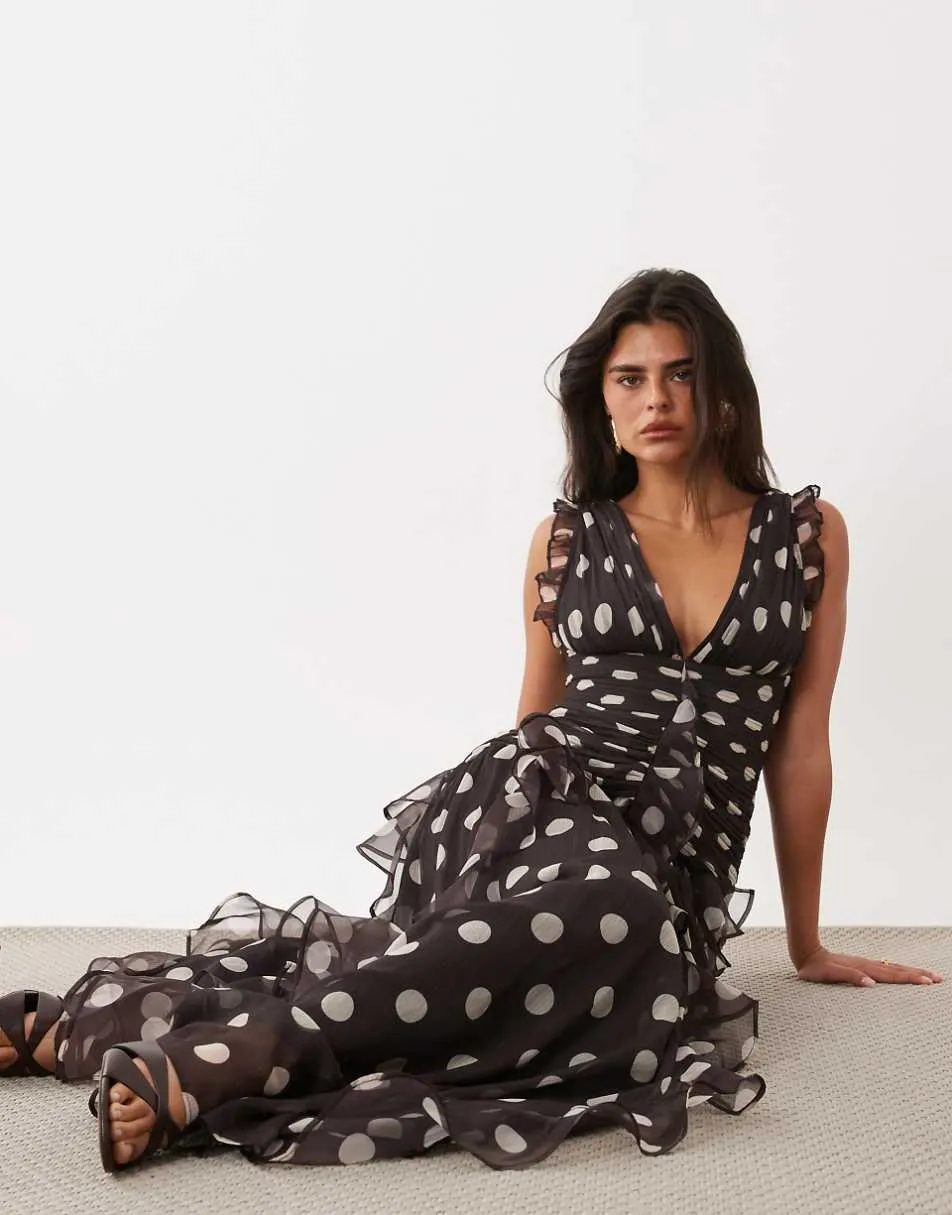 ASOS LUXE ruched maxi dress with waterfall detail in chocolate spot