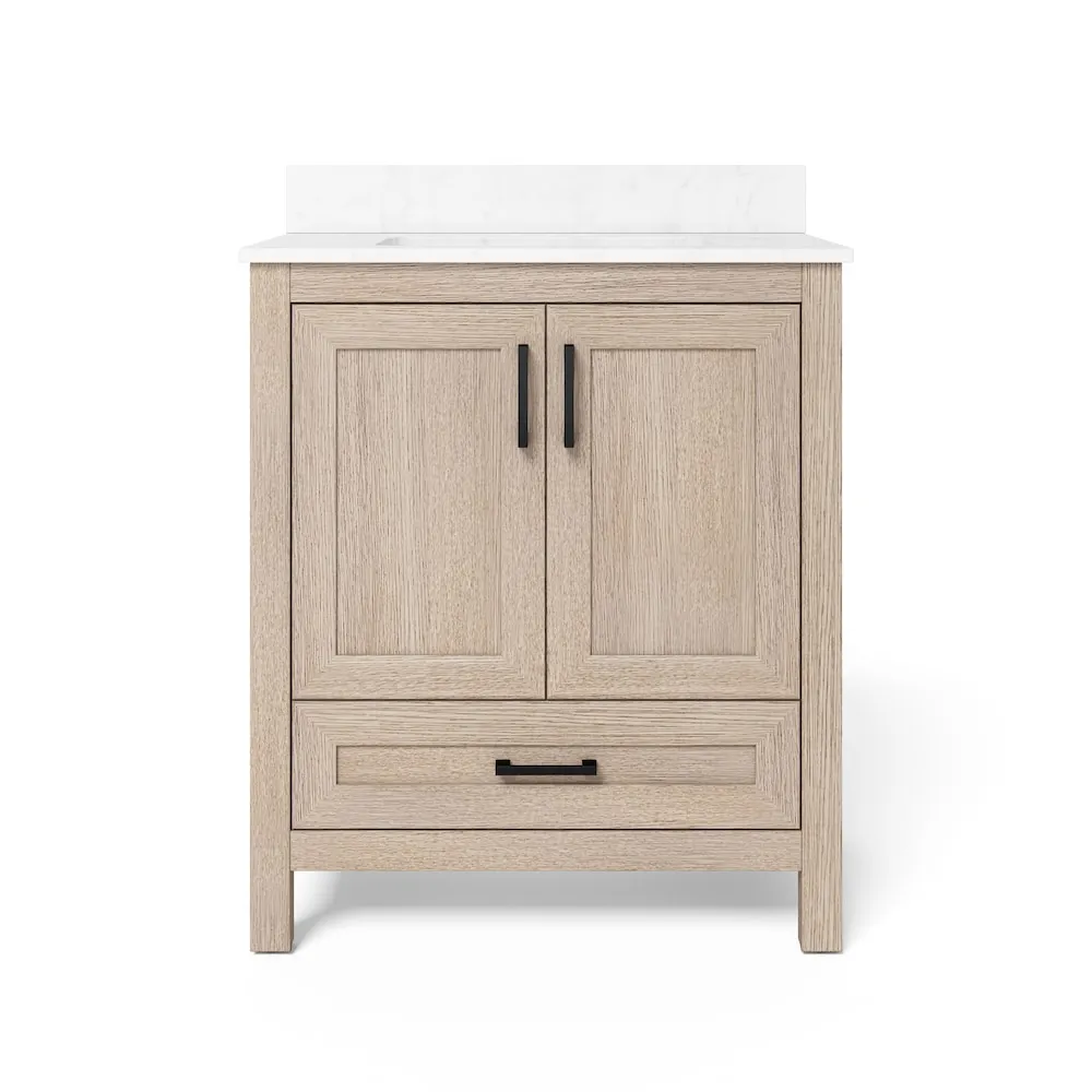 Home Decorators Collection Ellia 30-inch W x 20-inch D 2-Door & 1-Drawer Oak Wood Bathroom Vanity Single Undermount Sink with Engineered Carrera White Stone Top