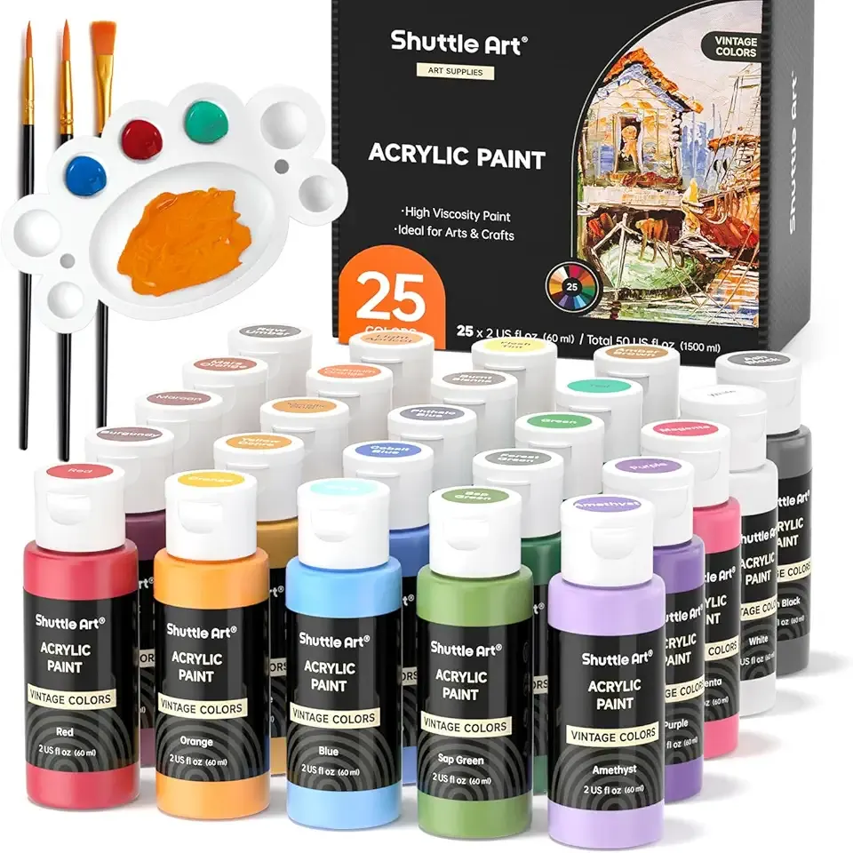 Shuttle Art Acrylic Paint Set, 25 Vintage Colours, 2oz/60ml Bottles, Rich Pigmented, Premium Acrylic Paints for Artists, Beginners and Kids on Rocks Crafts Canvas Wood Ceramic