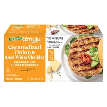 Amylu Organic Chicken Burger with Caramelized Onion and Aged White Cheddar, 8-count