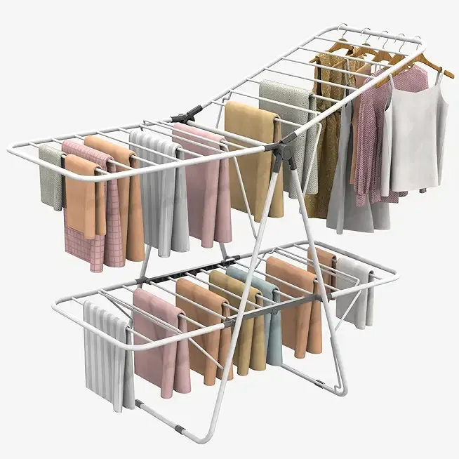Foldable Clothes Drying Rack 2 Tier – Portable Shoes & Drying Rack Clothing, Indoor & Outdoor, with Height-Adjustable Wings, 59" L × 23.8" W, 90LB. Capacity, White
