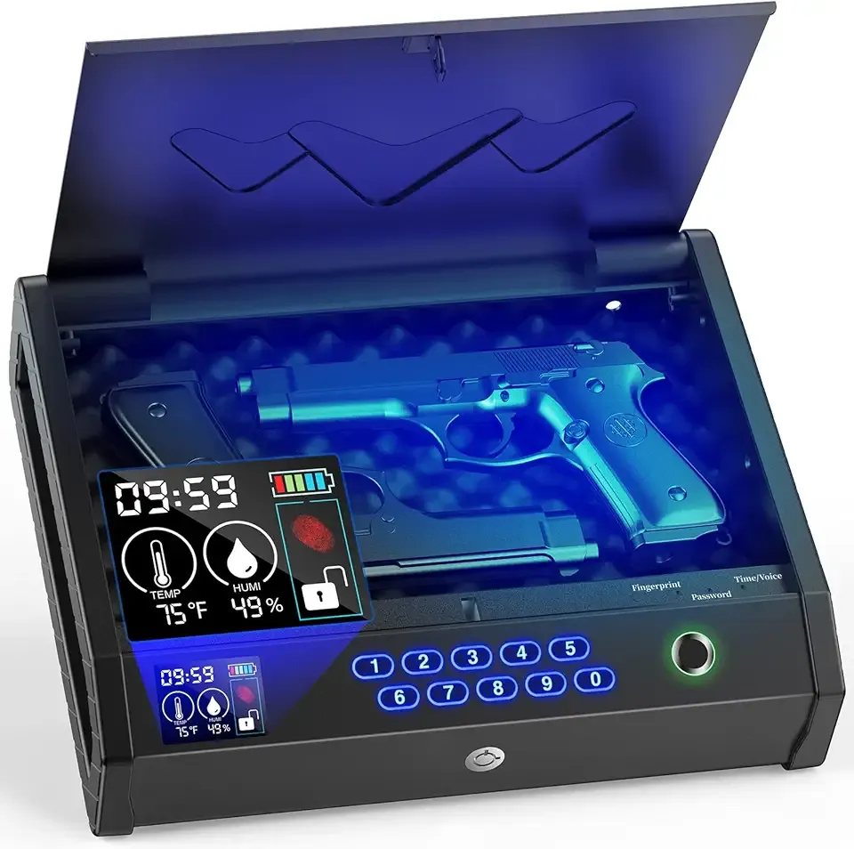Gun Safe, Biometric Gun Safes for Pistols with LCD Display of Temperature Humidity, Fingerprint Quick Access Pistol Safe Solid Handgun Safe