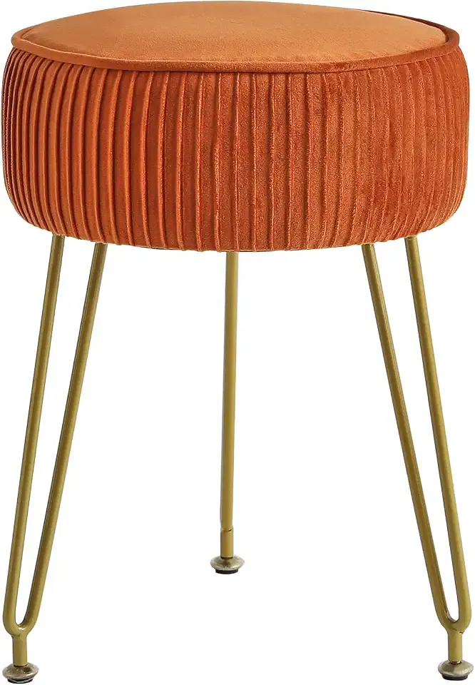 IBUYKE Makeup Vanity Stool, Velvet Round Footrest Ottoman, Orange LG-30J | Dressing Table Seat Pouf Couch chair Golden Steel Legs