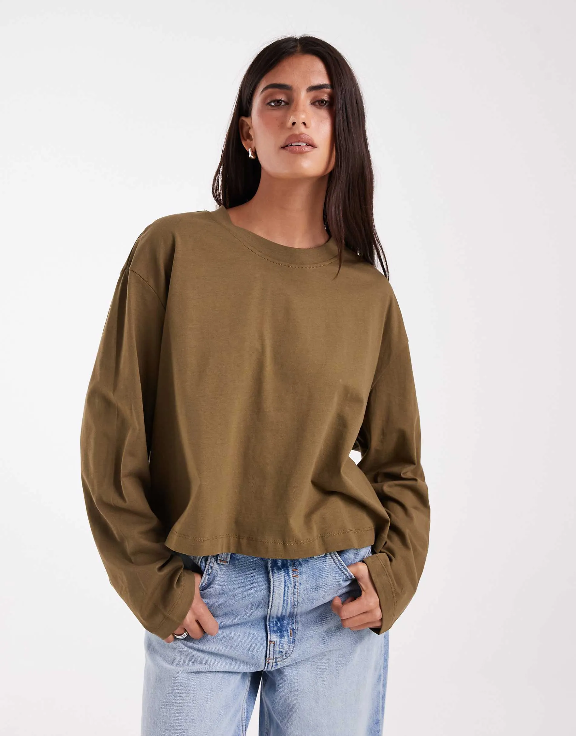 ASOS DESIGN long sleeve boxy cropped t-shirt in khaki