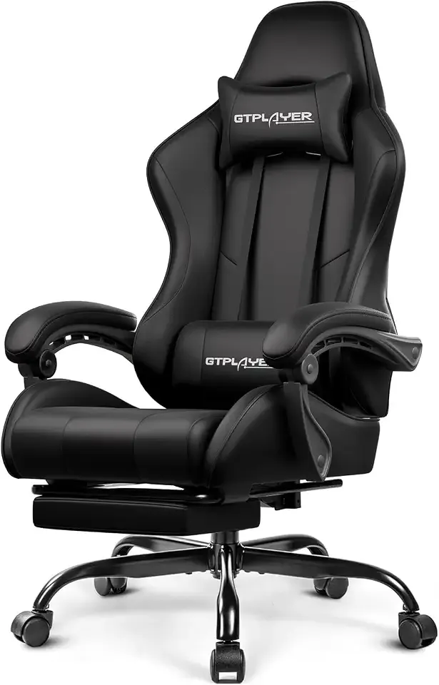 GTPLAYER Gaming Chair, Computer Chair with Footrest and Lumbar Support, Height Adjustable Game Chair with 360°-Swivel Seat and Headrest and for Office or Gaming (Faux Leather, Black)