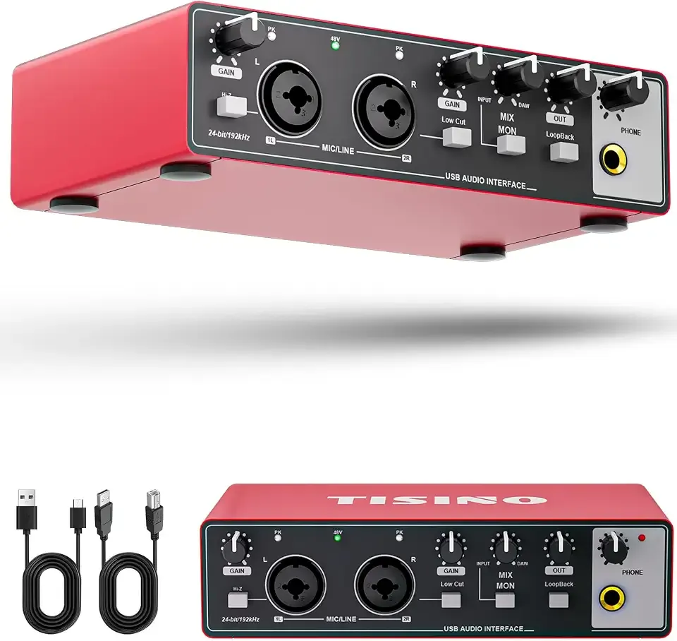 Tisino 24Bit/192kHz USB Audio Interface for Studio Recording, Red