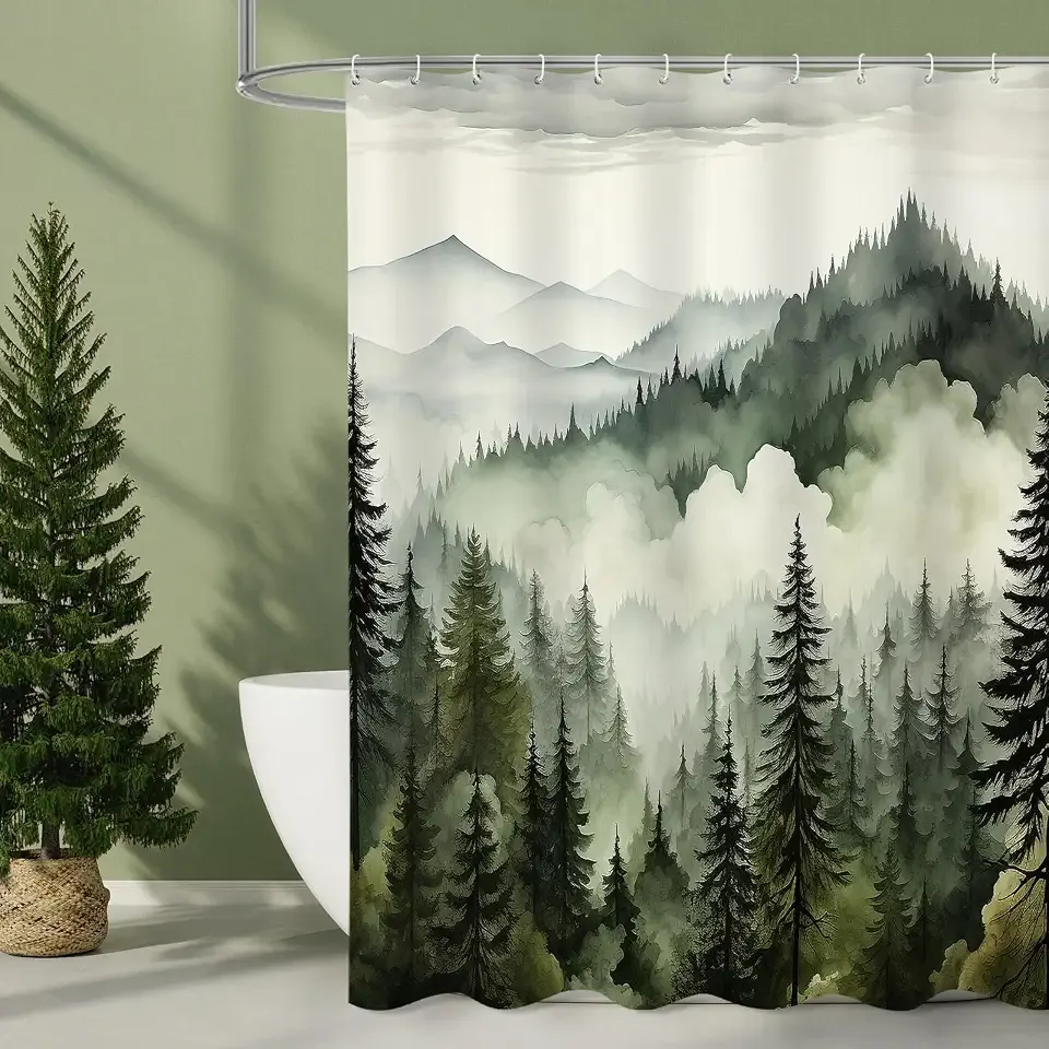 Dark Green Pine Forest Shower Curtain, Misty Woodland, 72 x 72 Inches