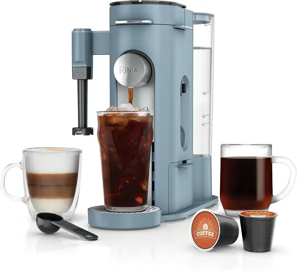 Pod & Grounds Specialty XL Single-Serve Coffee Maker, K-Cup Pod Compatible, Brews Grounds, Compact Design, Built-In Milk Frother, 68-oz. Reservoir, 6oz. Cup-24oz. Mug Sizes, Denim Blue, PB055ABL