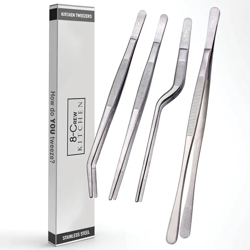 8-CREW KITCHEN Chef Tweezers - 3 Stainless Steel 8” Culinary Tweezers for Plating, Bar and Multi-Purpose with a 10” 304 S/S Tweezer for Cooking