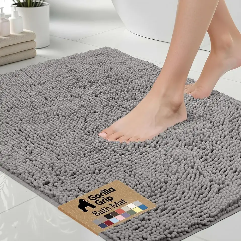 GORILLA GRIP Bath Rug Mat, Thick Soft Absorbent Chenille, Quick Dry Microfiber Mats, Rubber Backing Washable Shower Floor Rugs, US Designed Bathroom Bathmat Home Decor Accessories, 24x17, Grey