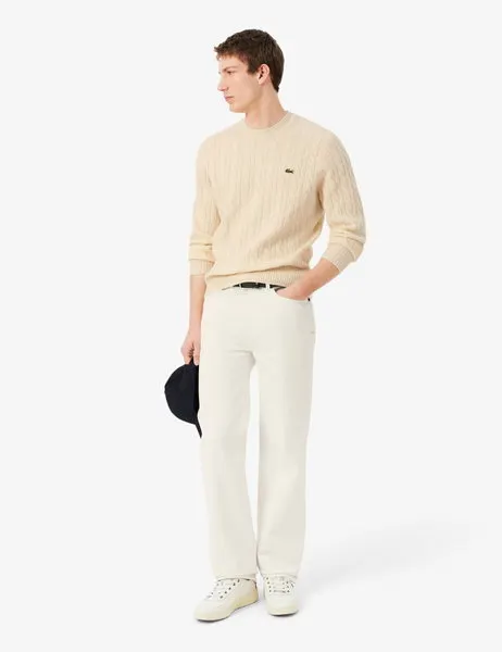 Cable Knit Wool Crew Neck Sweater Ecru