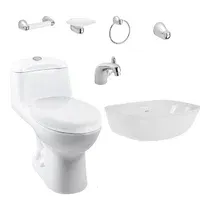 Combo Smart : Sanitario Smart Alongado Blanco De Una Pieza + Lavamanos Aluvia Sin Pedestal + Grifería Aluvia + Accesorios 4 Piezas Corona