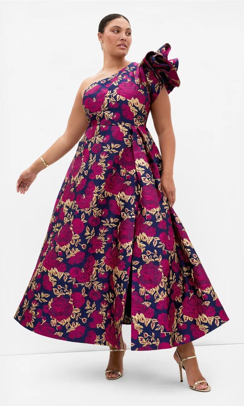 Grand Gala One Shoulder Jacquard Gown - navy