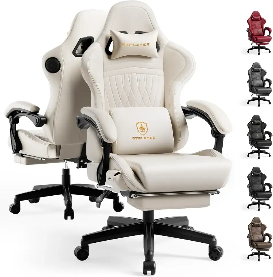 GTPLAYER Gaming Chair with Speakers ACE-PRO, Computer Video Game Chairs with Footrest for Adults, Built-in Speakers, App Support & Bluetooth Control, Ergonomic Reclining Silla, Linkage Armrest, Ivory