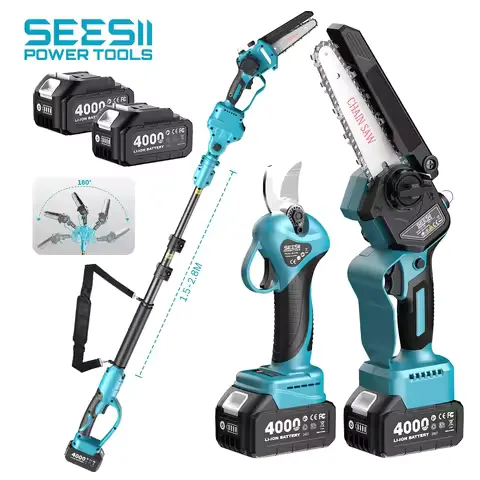 SEESII 3-in-1 Brushless Cordless 30mm Electric Scissors 6'' Brushless Electric Chainsaw w/2.4m Extension Telescopic Rod Tool for Makita 18v Battery Pin