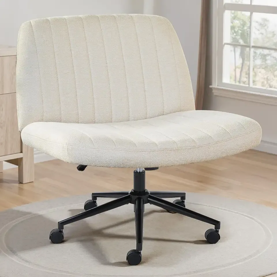 OLIXIS Criss Cross Chairs with Wheels Wide Seat Cross Legged Office Desk Vanity Chair Comfy Fabric Armless Adjustable Swivel for Home Computer Task, Beige Fabric