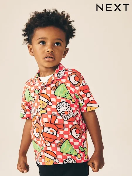 Red/White Checkerboard Short Sleeve Revere Collar Christmas Shirt (3mths-10yrs)