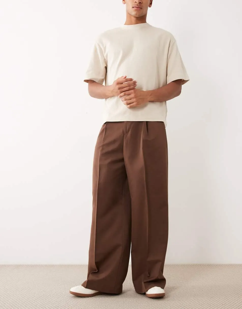 ASOS DESIGN smart pleated loose leg trousers in dark brown