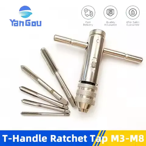 YanGou T-Handle Ratchet Tap Reamer Hand Manual Holder Wrench M3 M4 M5 M6 M8 Metric Machine Screw Thread Plug T-shaped Tool