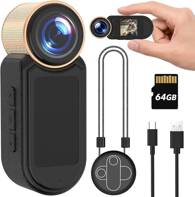 2.7K 1080P Thumb Action Camera，64GB WiFi Mini Body Hands-Free POV Camera | Wearable Portable Camcorder, with Magnetic Pendant, for Security, Guard, Cycling, Travel, Pet Walking, Vlogging-Black